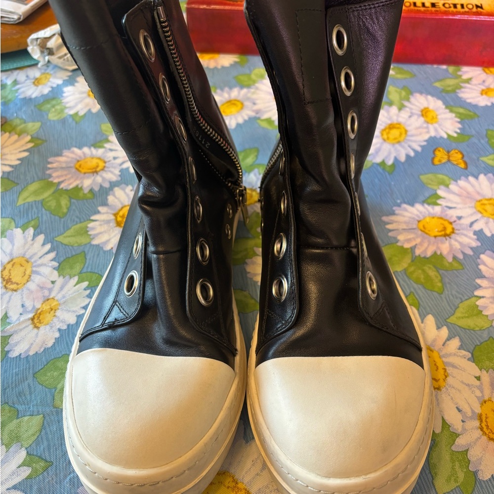 Black High-Top Leather Sneaker Boots with White Toe
